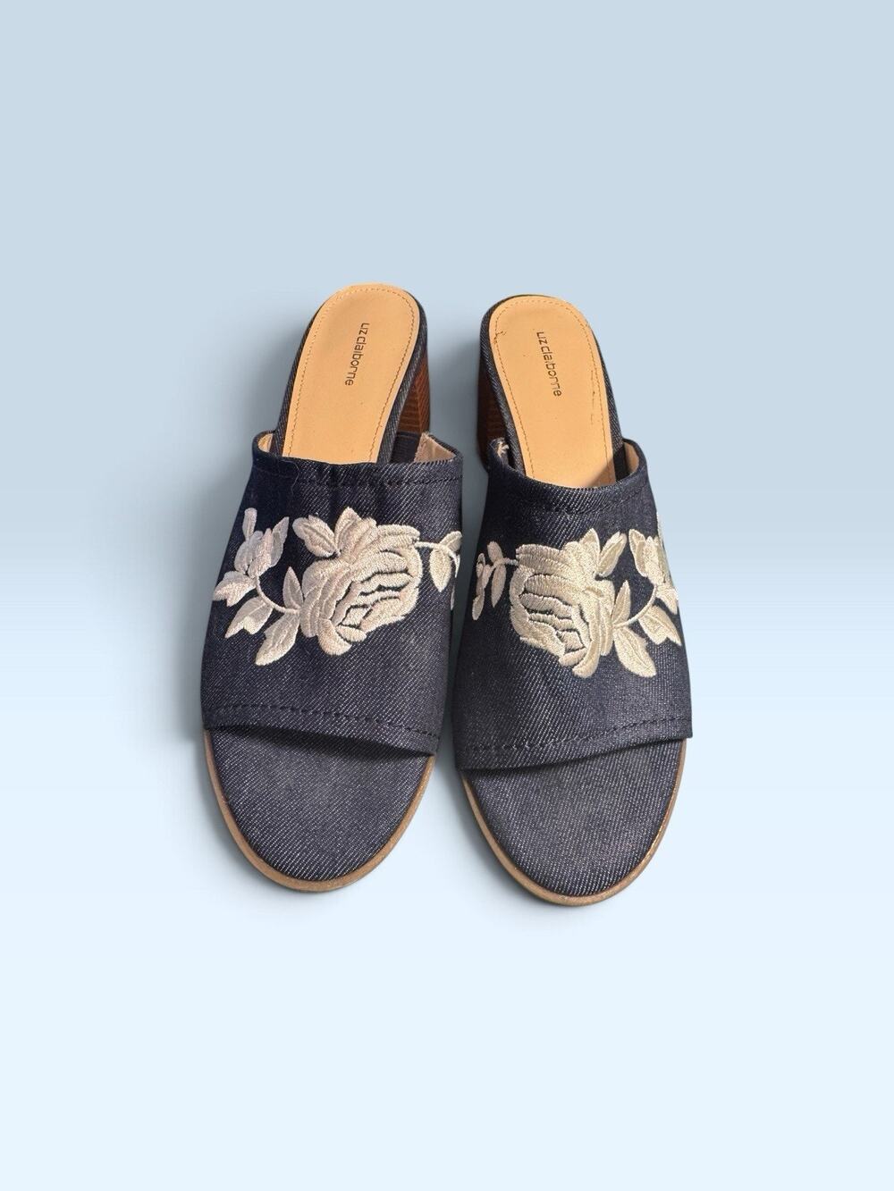 Liz Claiborne Shayla Blue Open Toe Floral Embroidered Denim Slip On Mules 9.5